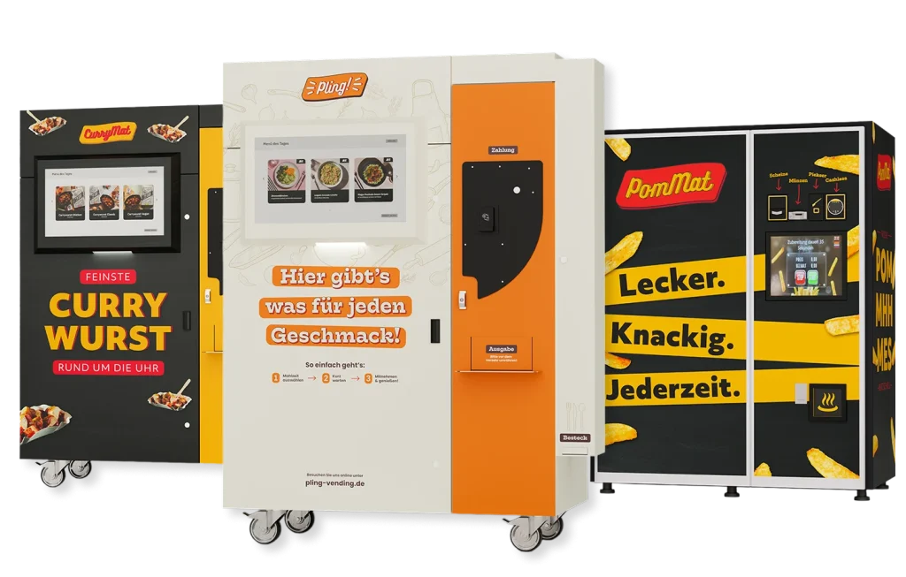 Darstellung der Automaten CurryMat, Pling und Pommat, bei denen es sich um Marken der Automatic Food Solutions GmbH handelt.